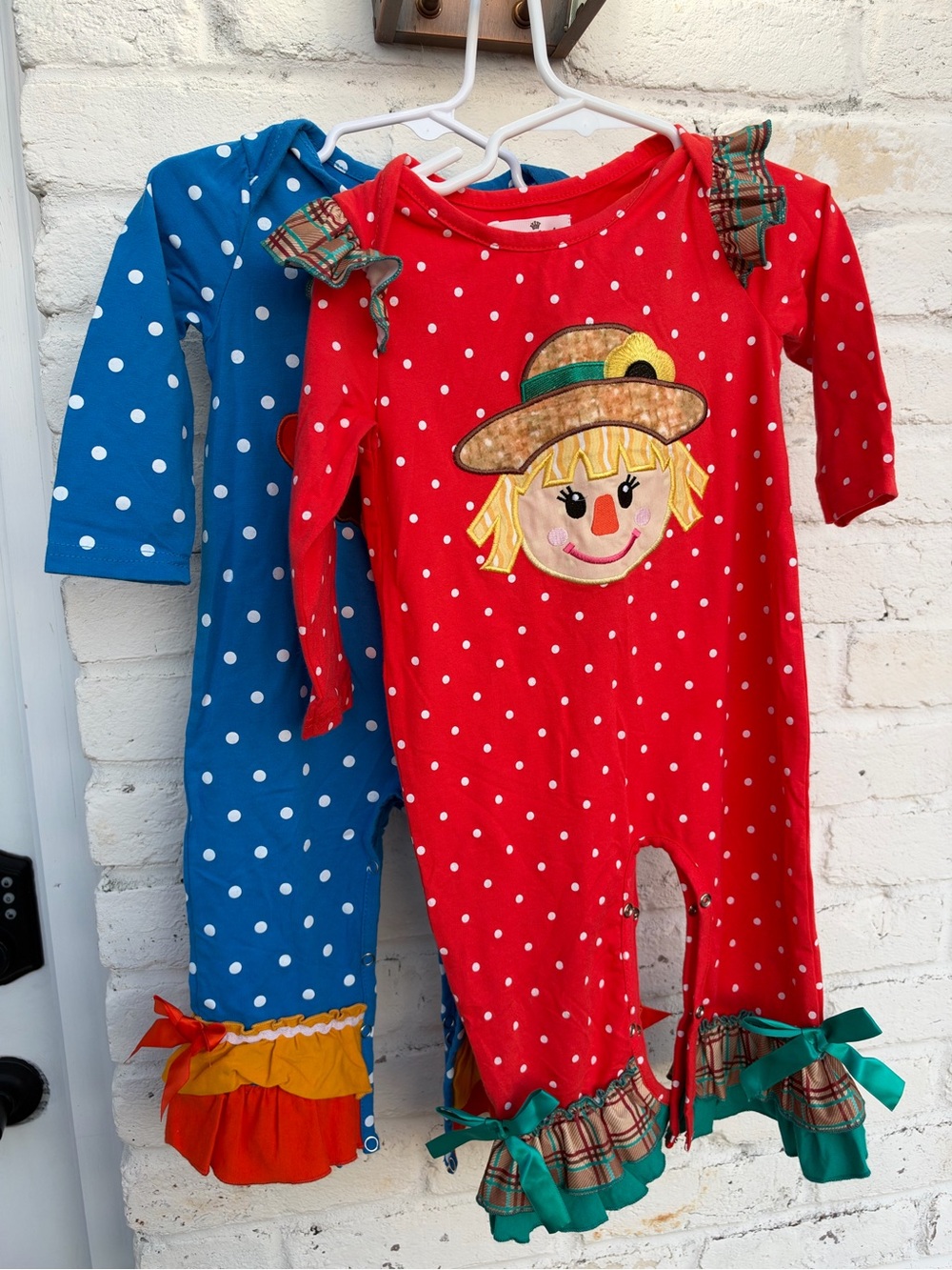 Girls' Red Polka Dot One-Piece with Scarecrow Applique